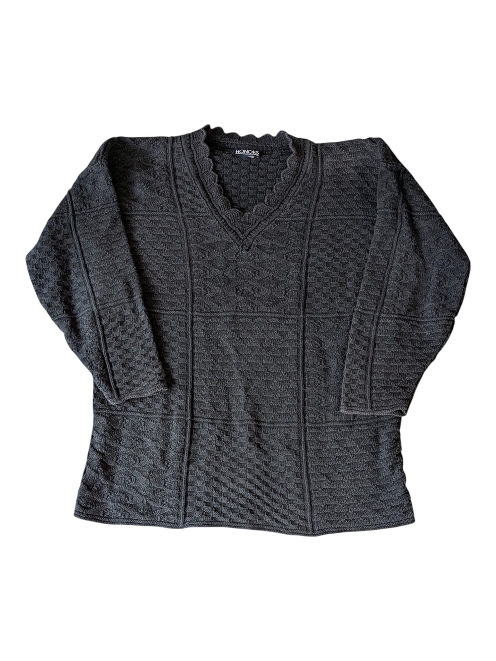 Vintage 80s Honors JCPenney Charcoal Gray Cotton Knit Sweater Scallop V-Neck